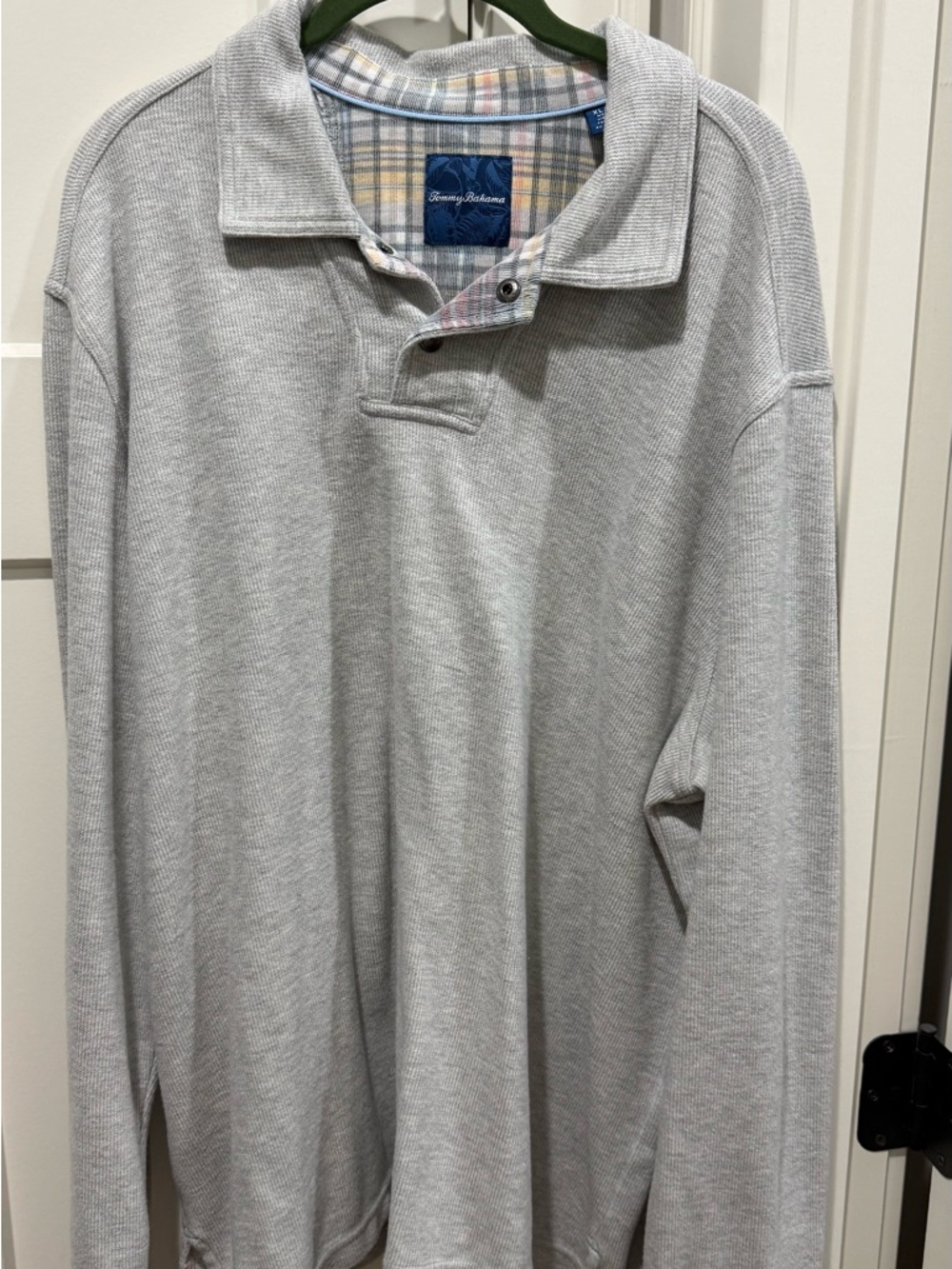 Tommy Bahama Light Gray Long-Sleeve Polo with Plaid Collar Trim